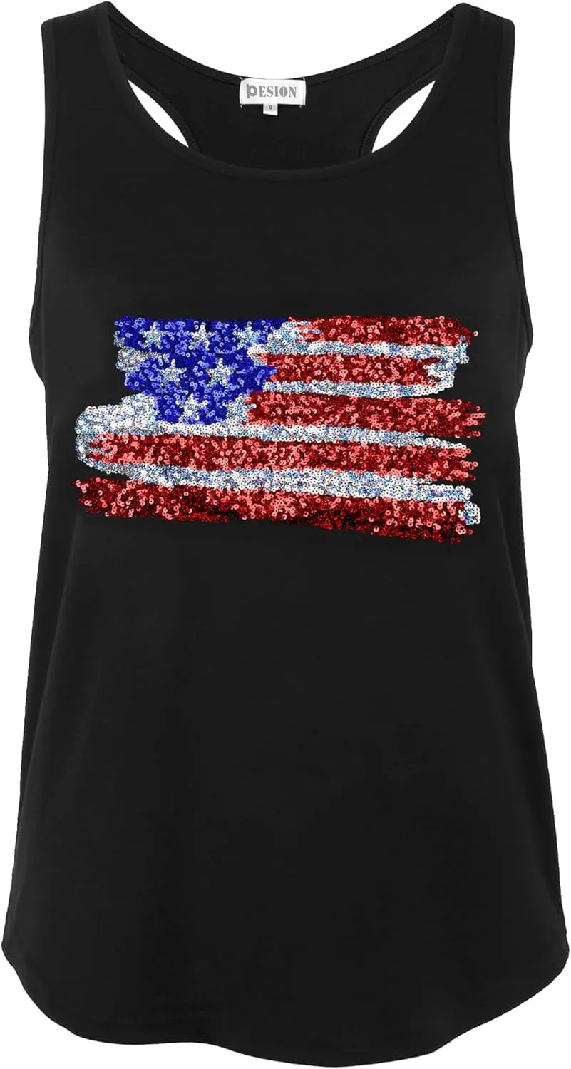 PESION Womens Sparkly Sequin Tank Tops Sleeveless Scoop Neck Loose Fit Workout Shirts Racerback Tees Tops Shirts