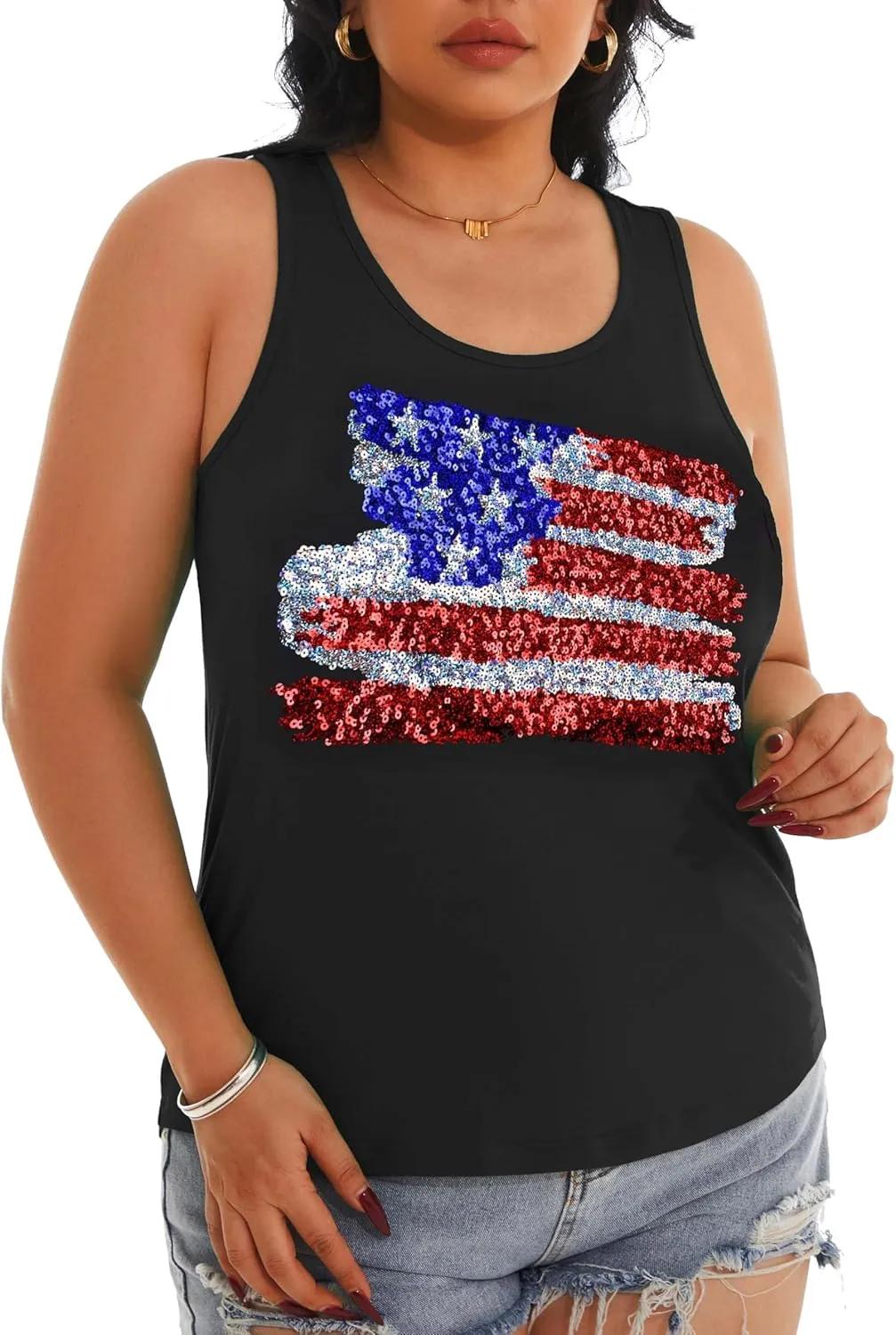 PESION Womens Sparkly Sequin Tank Tops Sleeveless Scoop Neck Loose Fit Workout Shirts Racerback Tees Tops Shirts