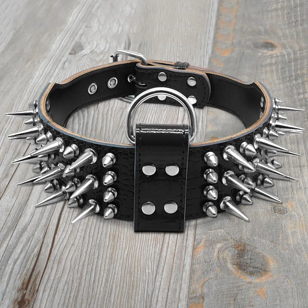 PET ARTIST 2" Wide Luxury Sharp Spiked Dog Collar, Durable Anti-Biting Leather Dog Collar for Medium & Large Dogs, Black, L, Neck for 19-22"