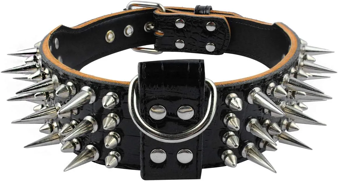 PET ARTIST 2" Wide Luxury Sharp Spiked Dog Collar, Durable Anti-Biting Leather Dog Collar for Medium & Large Dogs, Black, L, Neck for 19-22"