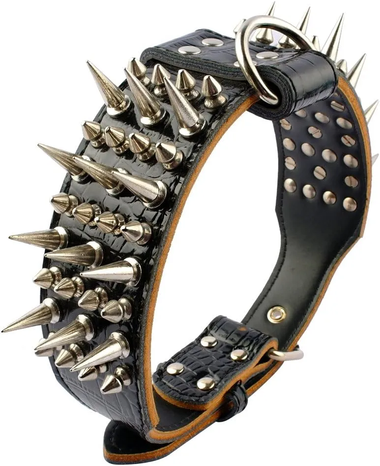 PET ARTIST 2" Wide Luxury Sharp Spiked Dog Collar, Durable Anti-Biting Leather Dog Collar for Medium & Large Dogs, Black, L, Neck for 19-22"