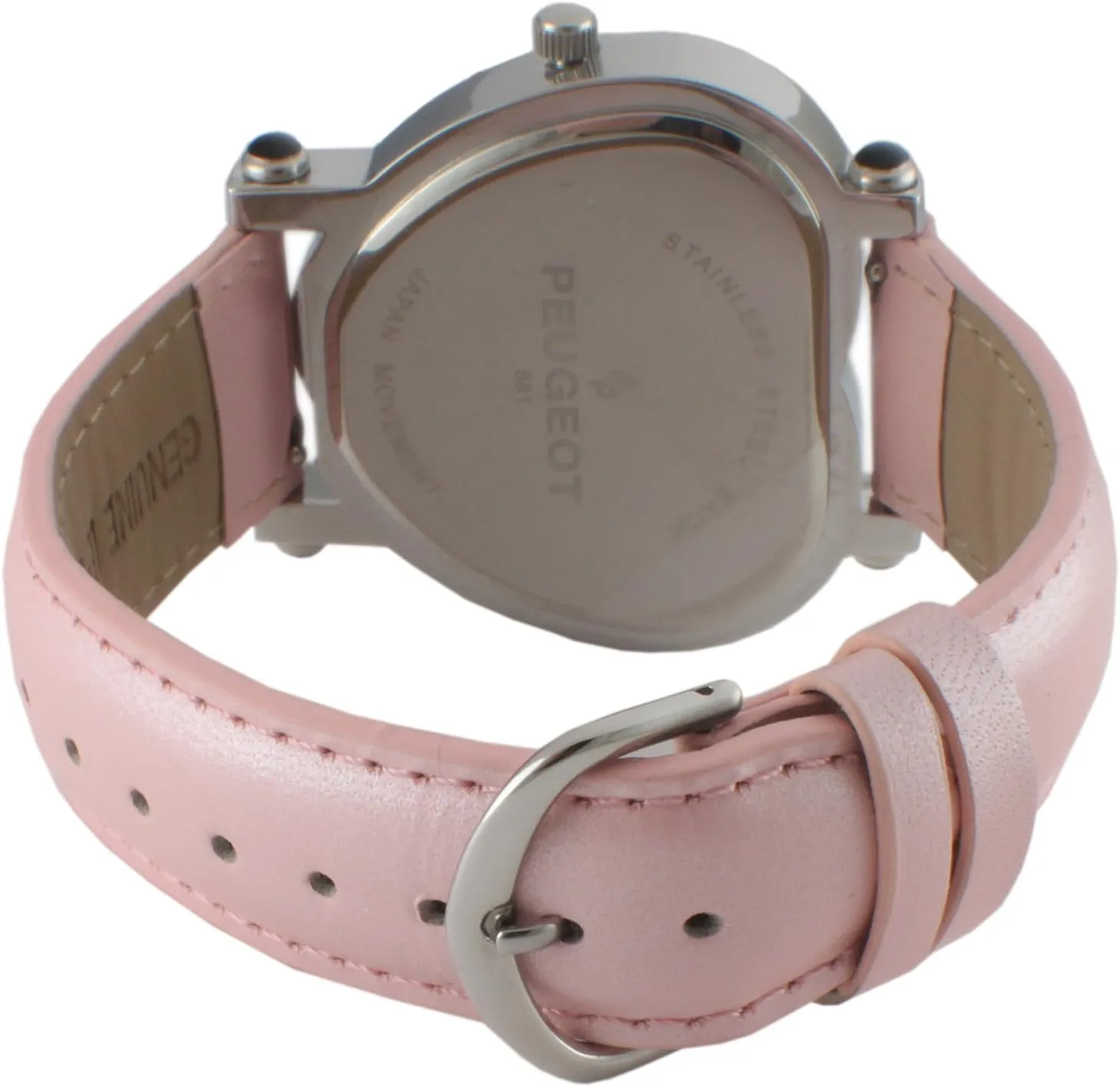 Peugeot Womens Heart Shaped Wrist Watch with Crystal Studded Case & Leather Strap