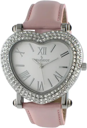 Peugeot Womens Heart Shaped Wrist Watch with Crystal Studded Case & Leather Strap