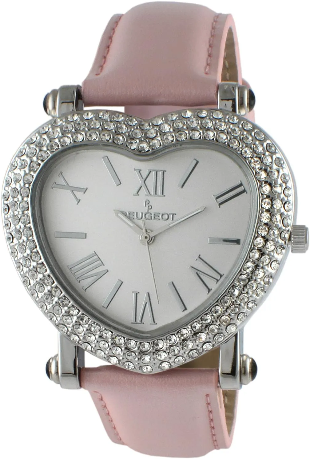 Peugeot Womens Heart Shaped Wrist Watch with Crystal Studded Case & Leather Strap