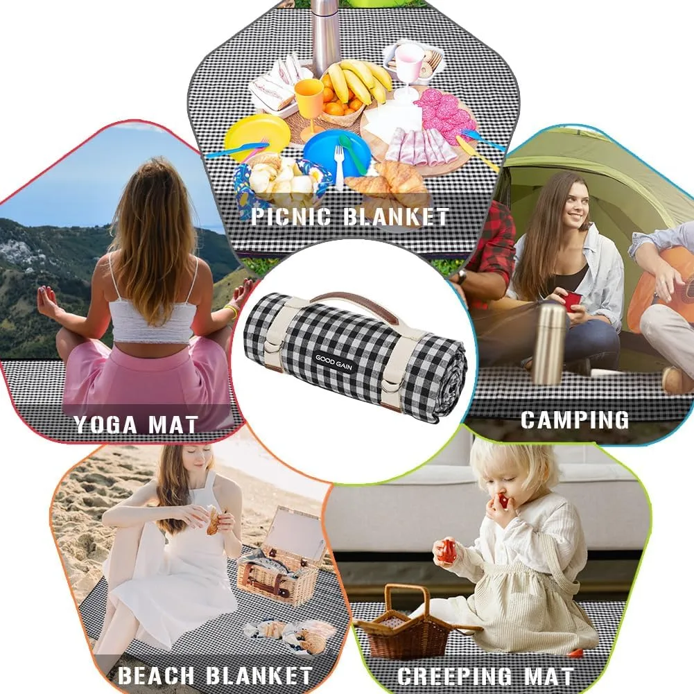 Picnic Outdoor Blankets Waterproof Extra Large - Beach Mat Sand Free Foldable with Carry Strap | Portable Camping Blanket | Park Blanket for Grass Park, Hiking, Travel, Concerts, Indoor (Black)