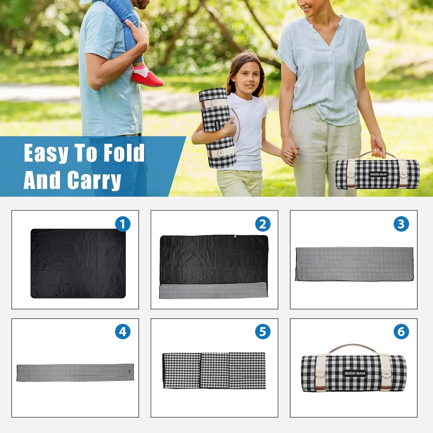 Picnic Outdoor Blankets Waterproof Extra Large - Beach Mat Sand Free Foldable with Carry Strap | Portable Camping Blanket | Park Blanket for Grass Park, Hiking, Travel, Concerts, Indoor (Black)