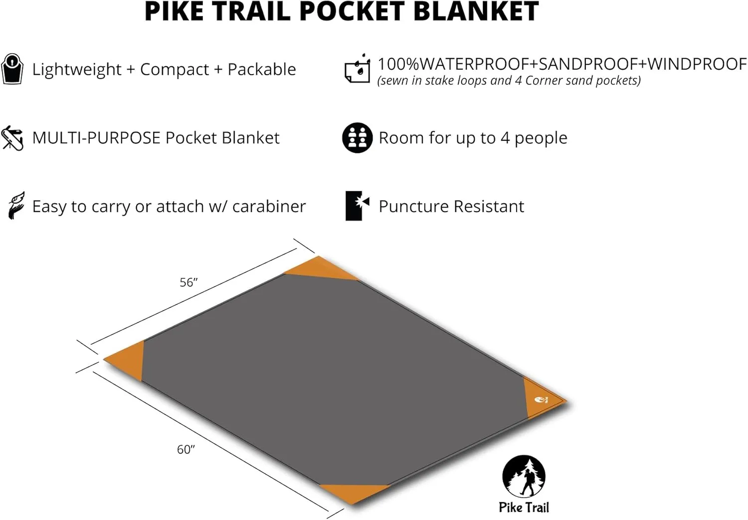 Pike Trail Pocket Beach Blanket (60 in X 56 in) – Lightweight Sand Proof Picnic Blanket, Compact Outdoor Blanket, Waterproof Pocket Blanket for Hiking, Camping, Picnics, Travel and Beach Trips