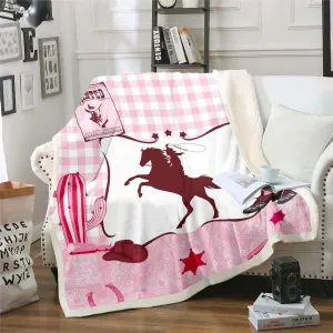 Pink Cowgirl Throw Blanket Queen 90"X90" For Girls Kids Western Horse Fleece Blanket Cut Buffalo Plaid Exotic Boho Paisley Sherpa Blanket,Cowgirl Hat Boots Horseshoe Flannel Blanket For Bed Couch