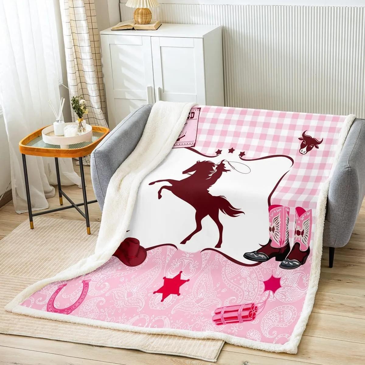 Pink Cowgirl Throw Blanket Queen 90"X90" For Girls Kids Western Horse Fleece Blanket Cut Buffalo Plaid Exotic Boho Paisley Sherpa Blanket,Cowgirl Hat Boots Horseshoe Flannel Blanket For Bed Couch