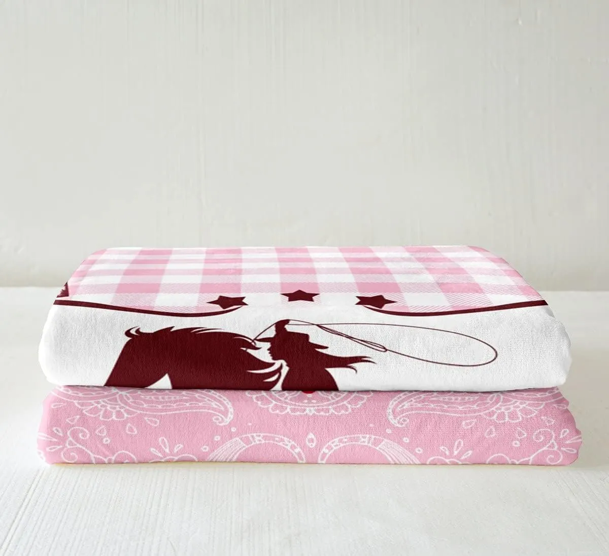 Pink Cowgirl Throw Blanket Queen 90"X90" For Girls Kids Western Horse Fleece Blanket Cut Buffalo Plaid Exotic Boho Paisley Sherpa Blanket,Cowgirl Hat Boots Horseshoe Flannel Blanket For Bed Couch