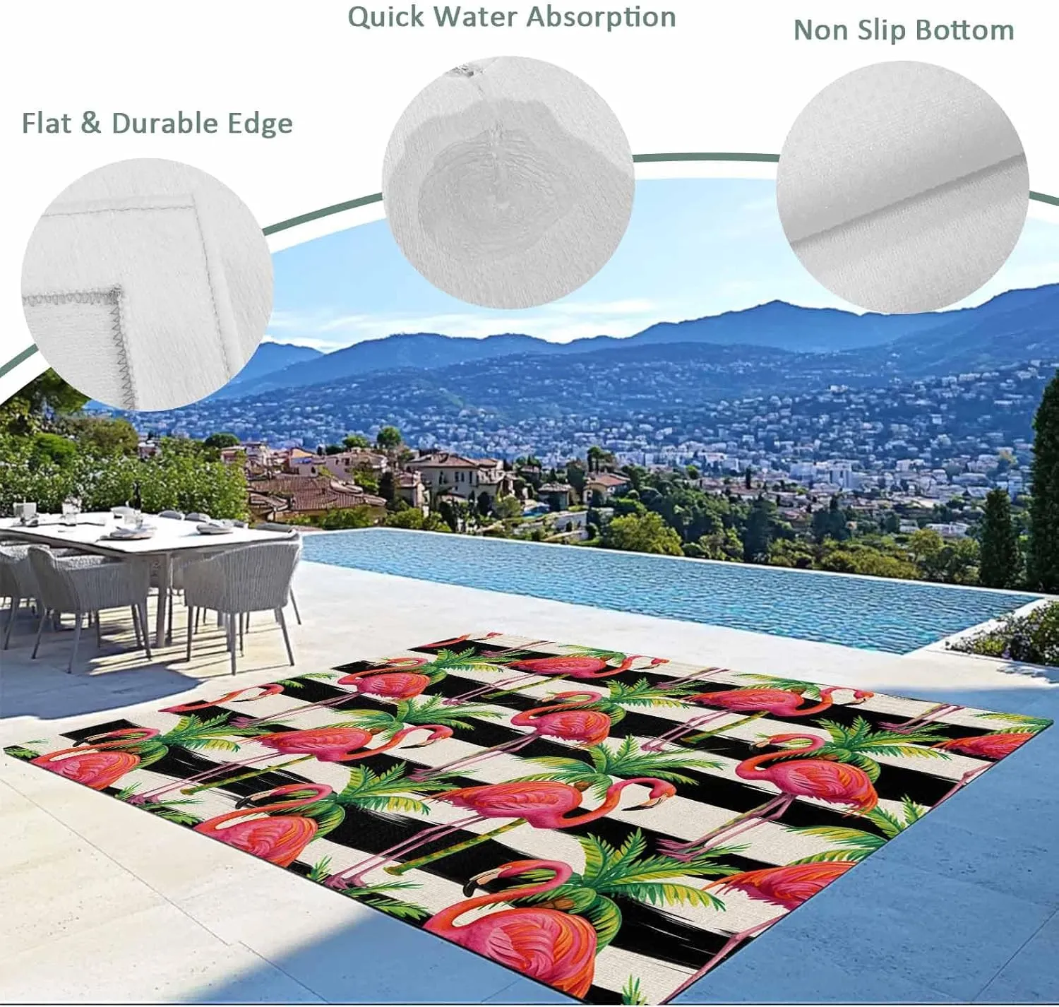 Pink Flamingo Outdoor Rug 5x8ft Large Patio Rug,Washable RV Camping Outside Area Runner Rug Mat,Palm Leaf Black Striped Tropical Plant Carpet for Picnic Backyard Deck Porch Balcony Beach & Indoor