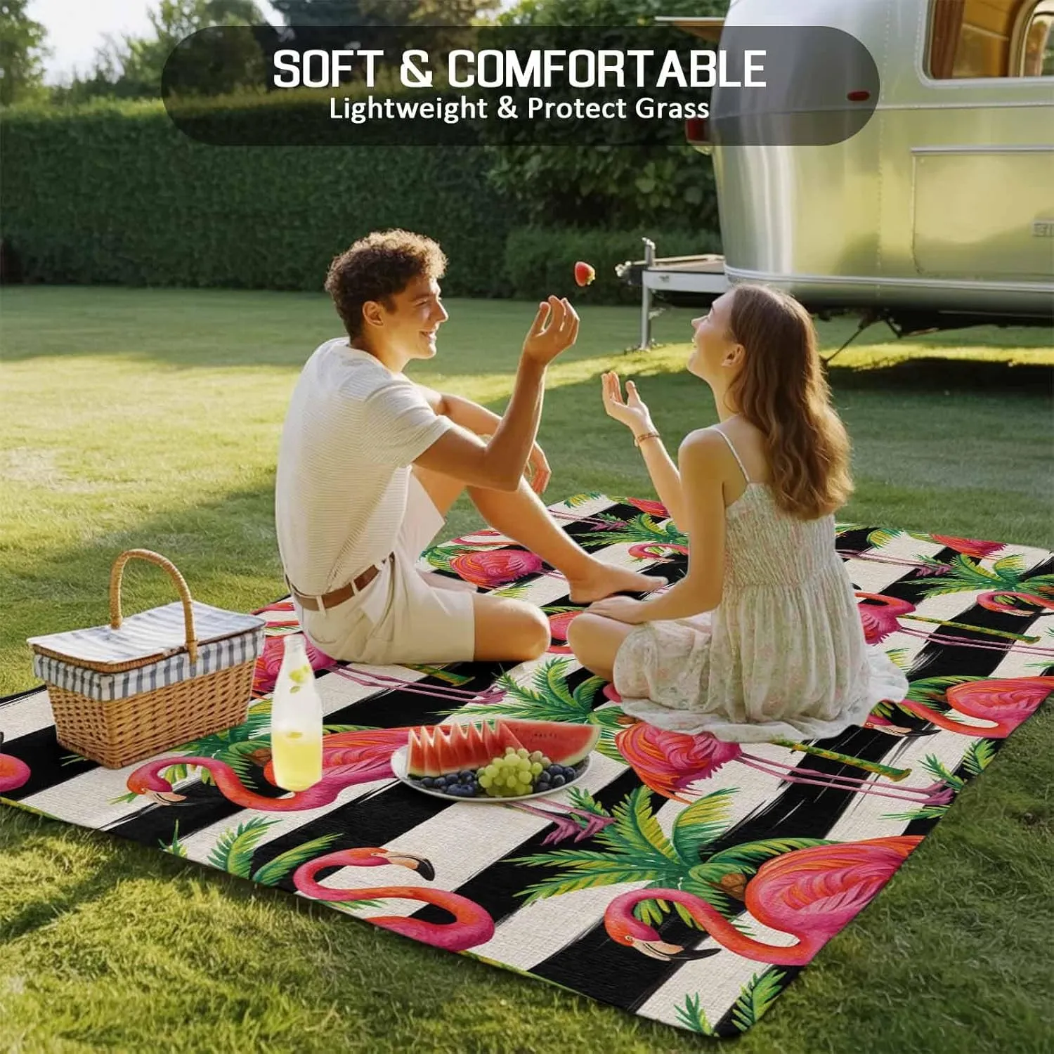 Pink Flamingo Outdoor Rug 5x8ft Large Patio Rug,Washable RV Camping Outside Area Runner Rug Mat,Palm Leaf Black Striped Tropical Plant Carpet for Picnic Backyard Deck Porch Balcony Beach & Indoor
