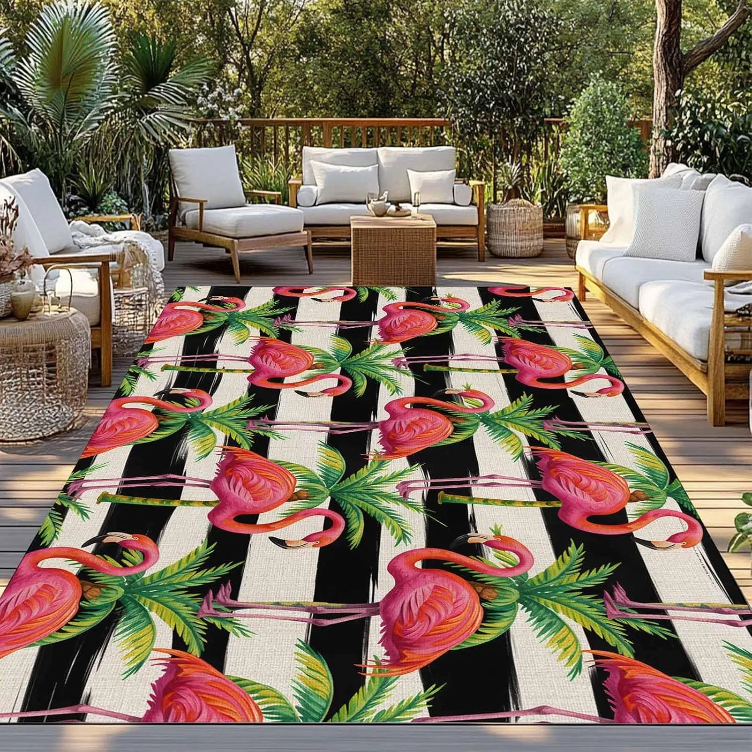 Pink Flamingo Outdoor Rug 5x8ft Large Patio Rug,Washable RV Camping Outside Area Runner Rug Mat,Palm Leaf Black Striped Tropical Plant Carpet for Picnic Backyard Deck Porch Balcony Beach & Indoor