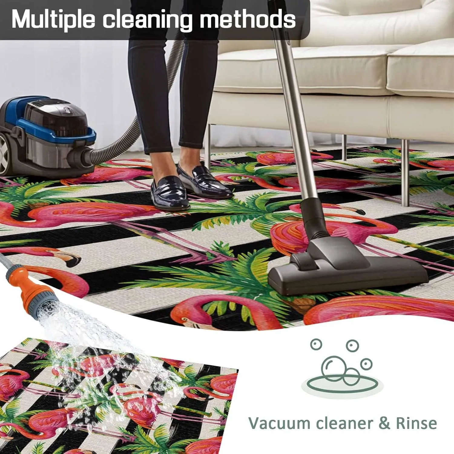 Pink Flamingo Outdoor Rug 5x8ft Large Patio Rug,Washable RV Camping Outside Area Runner Rug Mat,Palm Leaf Black Striped Tropical Plant Carpet for Picnic Backyard Deck Porch Balcony Beach & Indoor