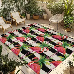 Pink Flamingo Outdoor Rug 5x8ft Large Patio Rug,Washable RV Camping Outside Area Runner Rug Mat,Palm Leaf Black Striped Tropical Plant Carpet for Picnic Backyard Deck Porch Balcony Beach & Indoor