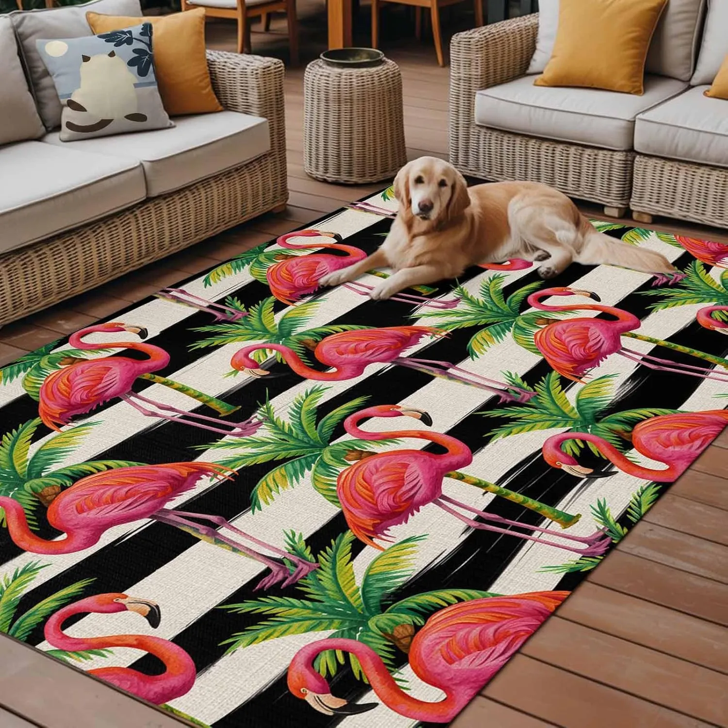 Pink Flamingo Outdoor Rug 5x8ft Large Patio Rug,Washable RV Camping Outside Area Runner Rug Mat,Palm Leaf Black Striped Tropical Plant Carpet for Picnic Backyard Deck Porch Balcony Beach & Indoor