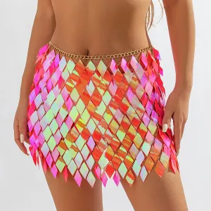 Pinkish Orange Reflective Skirt - Sequin Fish Scales Chain Nightclub Rave Doof Festival wear