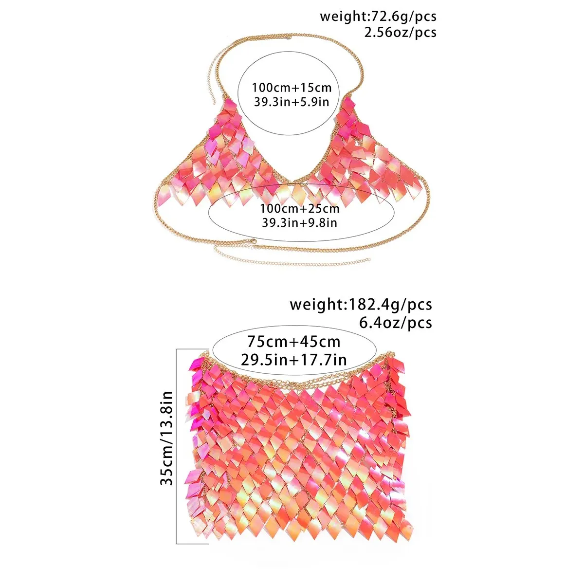 Pinkish Orange Two Piece Sequin Fish Scales Chain Nightclub Rave Doof Festival wear