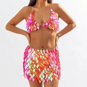 Pinkish Orange Two Piece Sequin Fish Scales Chain Nightclub Rave Doof Festival wear