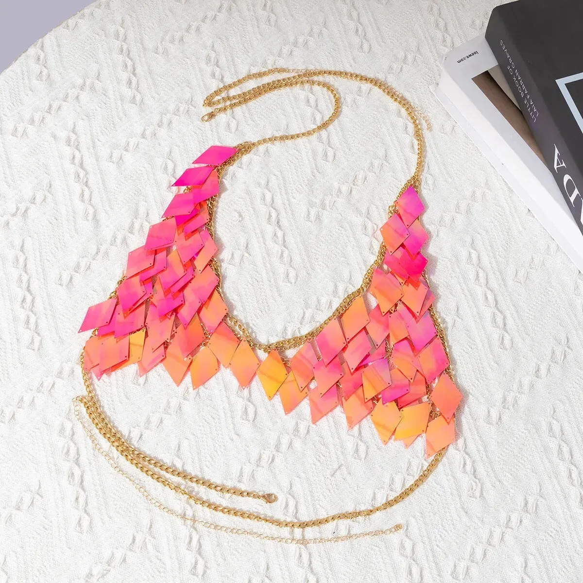 Pinkish Orange Two Piece Sequin Fish Scales Chain Nightclub Rave Doof Festival wear