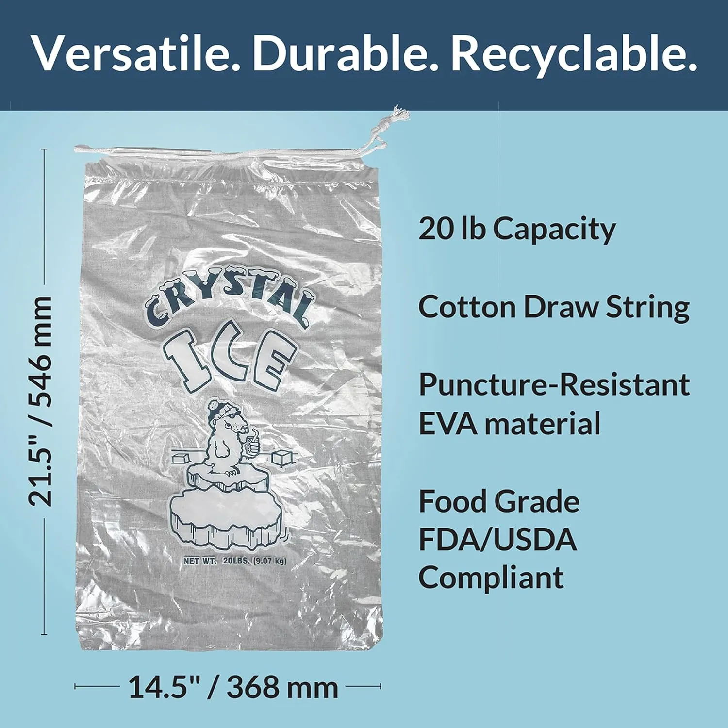 Pinnacle Mercantile 20 lb. Drawstring Ice Bags (30-Count) Heavy-Duty, Puncture-Resistant EVA | Cotton Pull Closure | Disposable, Recyclable | Portable Storage and Freezer Keeper
