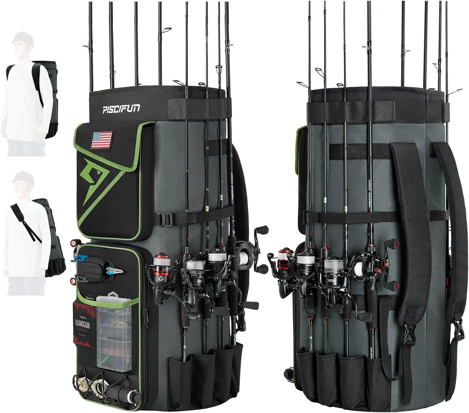 Piscifun Fishing Rod Bag Holds 8 Rods & Reels, 70L Large Storage Fishing Rod Case, Foldable Fishing Pole Bag for Carrying Gear & Equipment, Water-resistant Portable Rod Storage Bag, Green