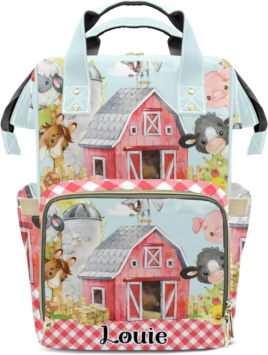 Plaid Family Farm Animals Personalized Large Capacity Diaper Bags,Custom Name Backpack Casual Daypack Bag Nappy Bag Gifts