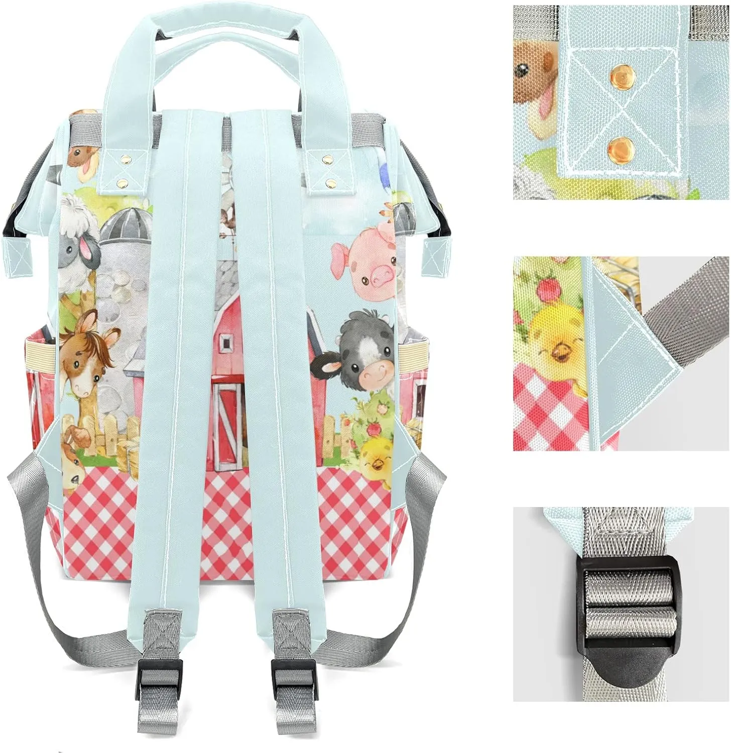 Plaid Family Farm Animals Personalized Large Capacity Diaper Bags,Custom Name Backpack Casual Daypack Bag Nappy Bag Gifts
