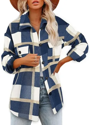 Plaid Shacket Jackets For Women Trendy 2023 Casual Oversized Flannel Shirts Long Sleeve Button Down Shirt Coats