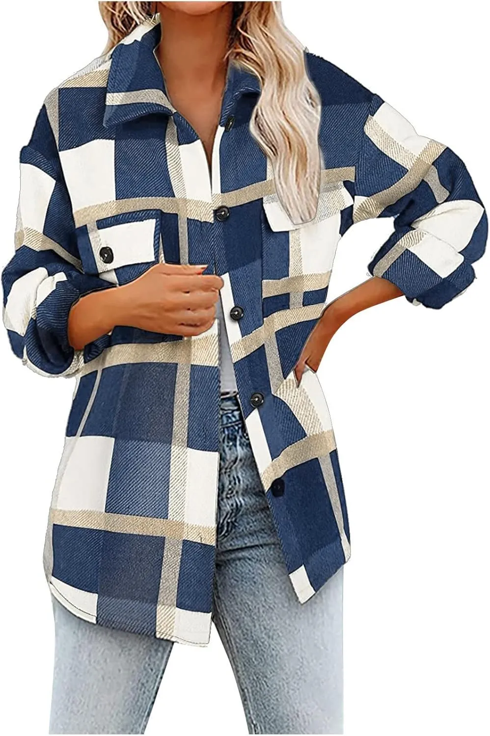 Plaid Shacket Jackets For Women Trendy 2023 Casual Oversized Flannel Shirts Long Sleeve Button Down Shirt Coats