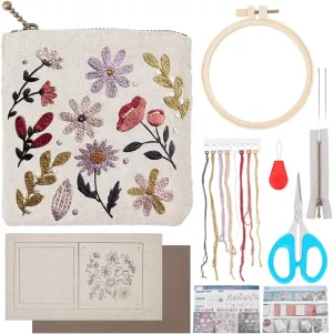 PLIGREAT DIY White Embroidery Coin Purse Kit Vintage Flower Leaves Handmade Bag Cross Stitch Kit with Complete Tools Embroidery Sewing Craft for Adults Beginner Birthday Gift