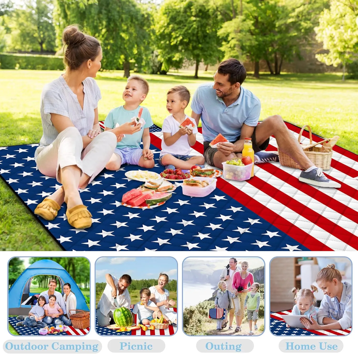 Poedist Extra Large Patriotic Picnic Blanket Waterproof,60"x 80"Foldable Machine Washable Beach Blanket,Outdoor Blanket for 6-8 Adults,Suitable for Indoor Crawling,Park Beach,Camping,Hiking,Family