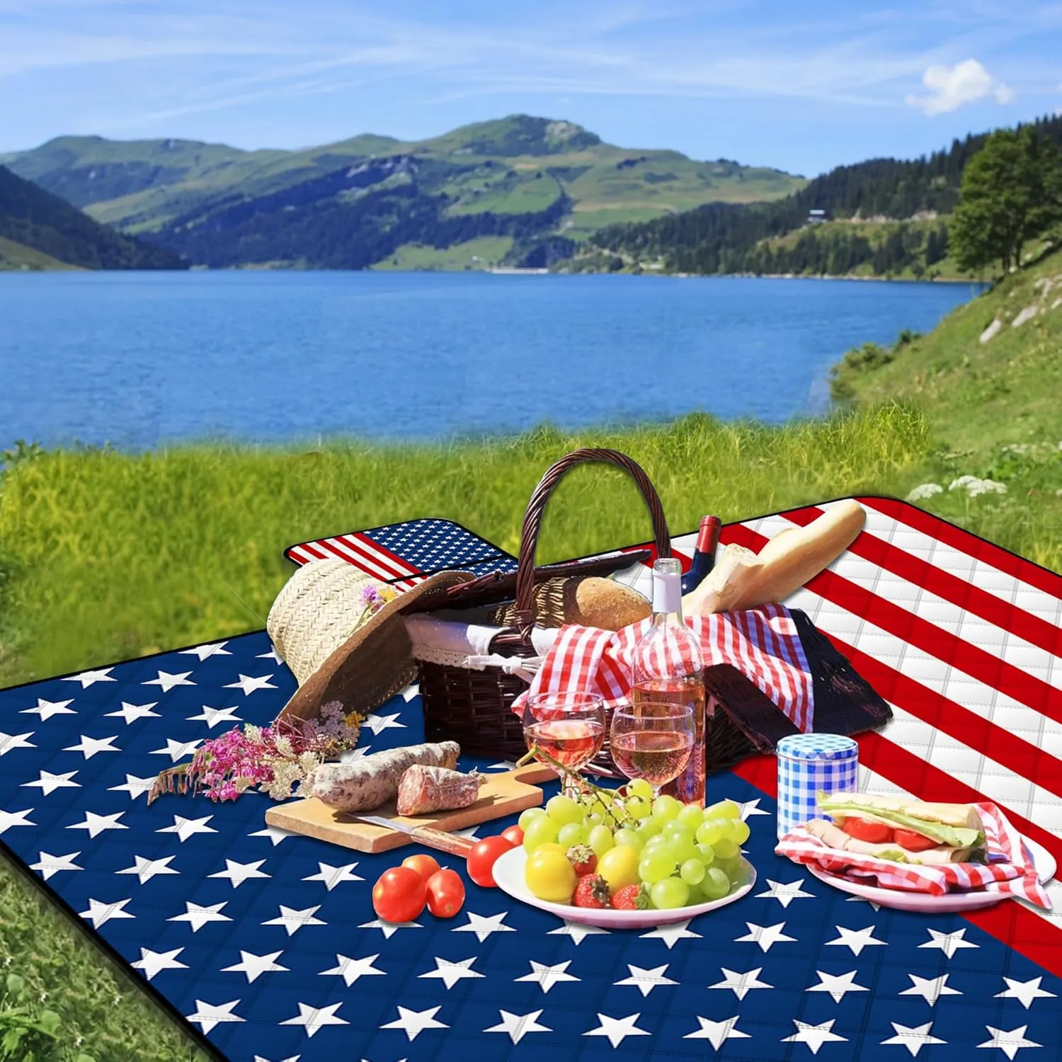 Poedist Extra Large Patriotic Picnic Blanket Waterproof,60"x 80"Foldable Machine Washable Beach Blanket,Outdoor Blanket for 6-8 Adults,Suitable for Indoor Crawling,Park Beach,Camping,Hiking,Family