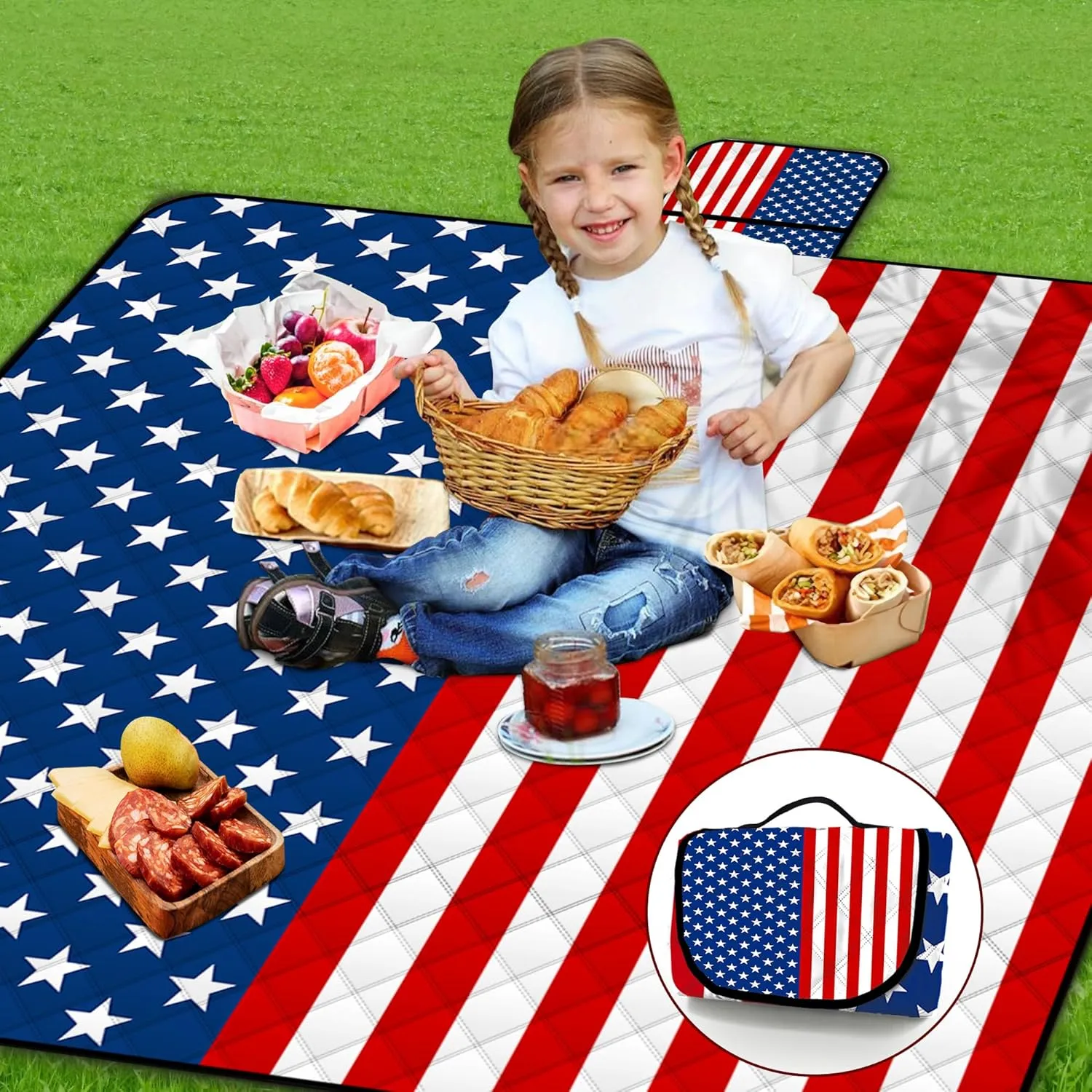 Poedist Extra Large Patriotic Picnic Blanket Waterproof,60"x 80"Foldable Machine Washable Beach Blanket,Outdoor Blanket for 6-8 Adults,Suitable for Indoor Crawling,Park Beach,Camping,Hiking,Family