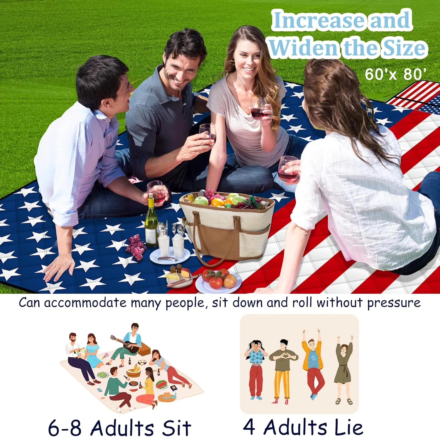 Poedist Extra Large Patriotic Picnic Blanket Waterproof,60"x 80"Foldable Machine Washable Beach Blanket,Outdoor Blanket for 6-8 Adults,Suitable for Indoor Crawling,Park Beach,Camping,Hiking,Family