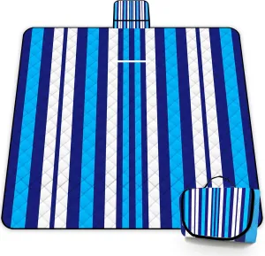 Poedist Extra Large Picnic Blanket Waterproof,60"x 80"Foldable Machine Washable Beach Blanket,Outdoor Blanket for 6-8 Adults,Suitable for Crawling,Park Beach,Camping,Hiking,Travel(Blue and White)