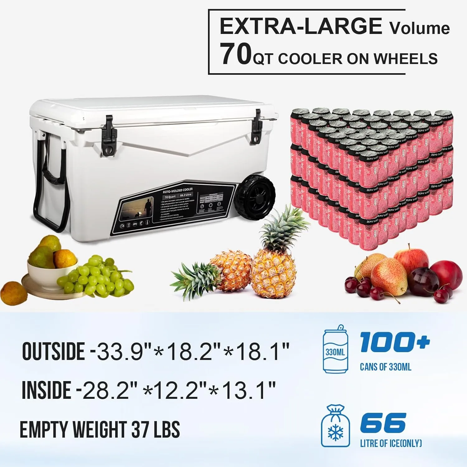 Portable Insulated Cooler with Detachable Handle Hard Ice Chest for Camping, Fishing,Tailgating, Beach, Picnic, Groceries, Boating, Sports