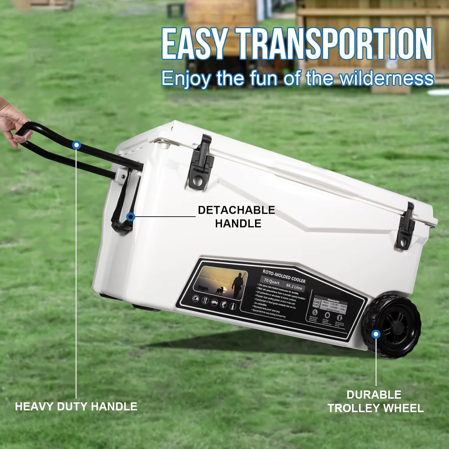 Portable Insulated Cooler with Detachable Handle Hard Ice Chest for Camping, Fishing,Tailgating, Beach, Picnic, Groceries, Boating, Sports
