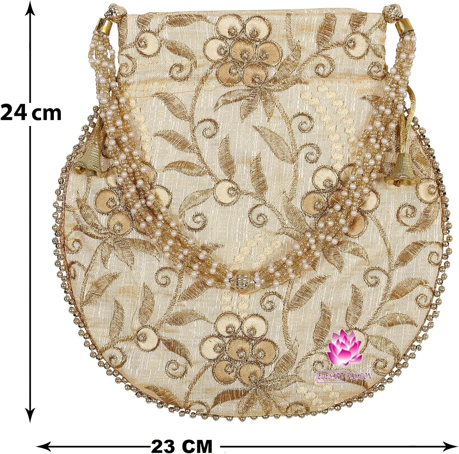 Potli Bag for Women Ethnic Gold, Pearl Handle Floral Accents, Drawstring Closure Pearls Handle Batwa Clutch Purse
