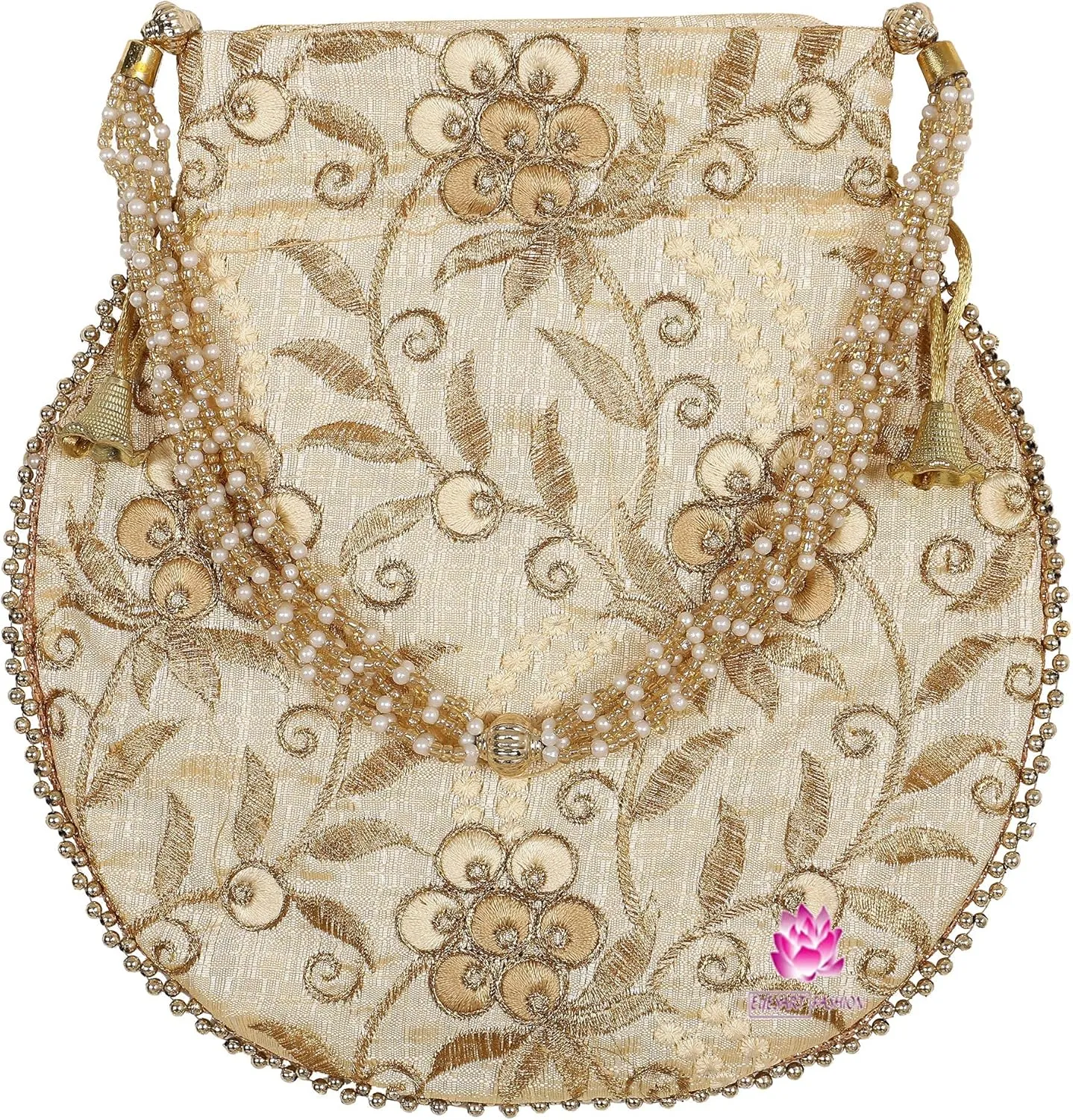 Potli Bag for Women Ethnic Gold, Pearl Handle Floral Accents, Drawstring Closure Pearls Handle Batwa Clutch Purse