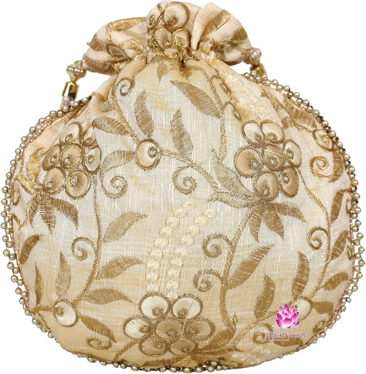 Potli Bag for Women Ethnic Gold, Pearl Handle Floral Accents, Drawstring Closure Pearls Handle Batwa Clutch Purse
