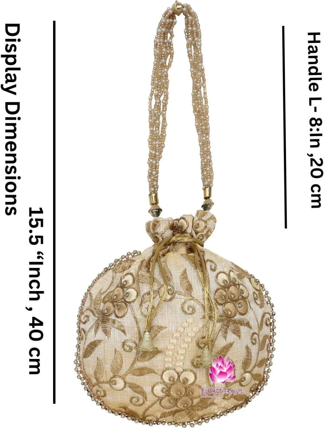 Potli Bag for Women Ethnic Gold, Pearl Handle Floral Accents, Drawstring Closure Pearls Handle Batwa Clutch Purse