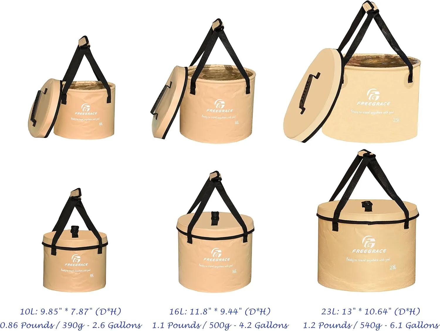 Premium Collapsible Bucket by Freegrace - Compact Portable Folding Water Container - Lightweight & Durable - Includes Handy Tool Mesh Pocket