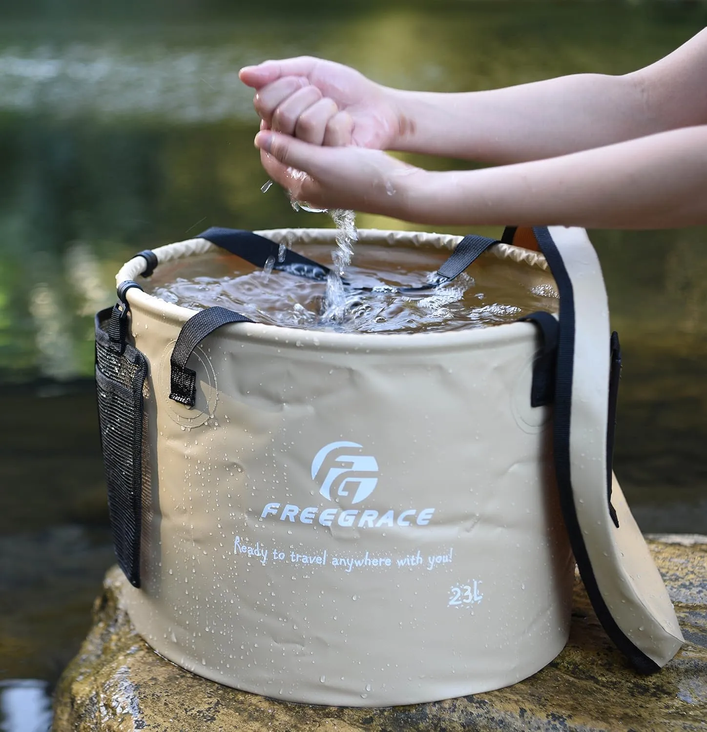 Premium Collapsible Bucket by Freegrace - Compact Portable Folding Water Container - Lightweight & Durable - Includes Handy Tool Mesh Pocket