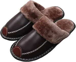 Premium Comfort Thermal Leather Patchwork Non Slip Men's Fuzzy House Slippers Inddor Soft Warm Shoes Furry Sole