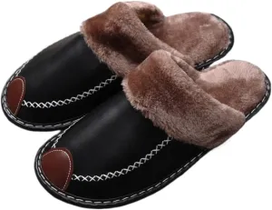 Premium Comfort Thermal Leather Patchwork Non Slip Men's Fuzzy House Slippers Inddor Soft Warm Shoes Furry Sole