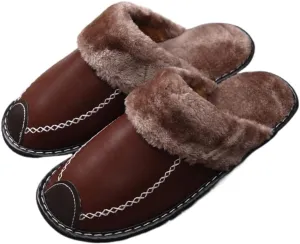 Premium Comfort Thermal Leather Patchwork Non Slip Men's Fuzzy House Slippers Inddor Soft Warm Shoes Furry Sole