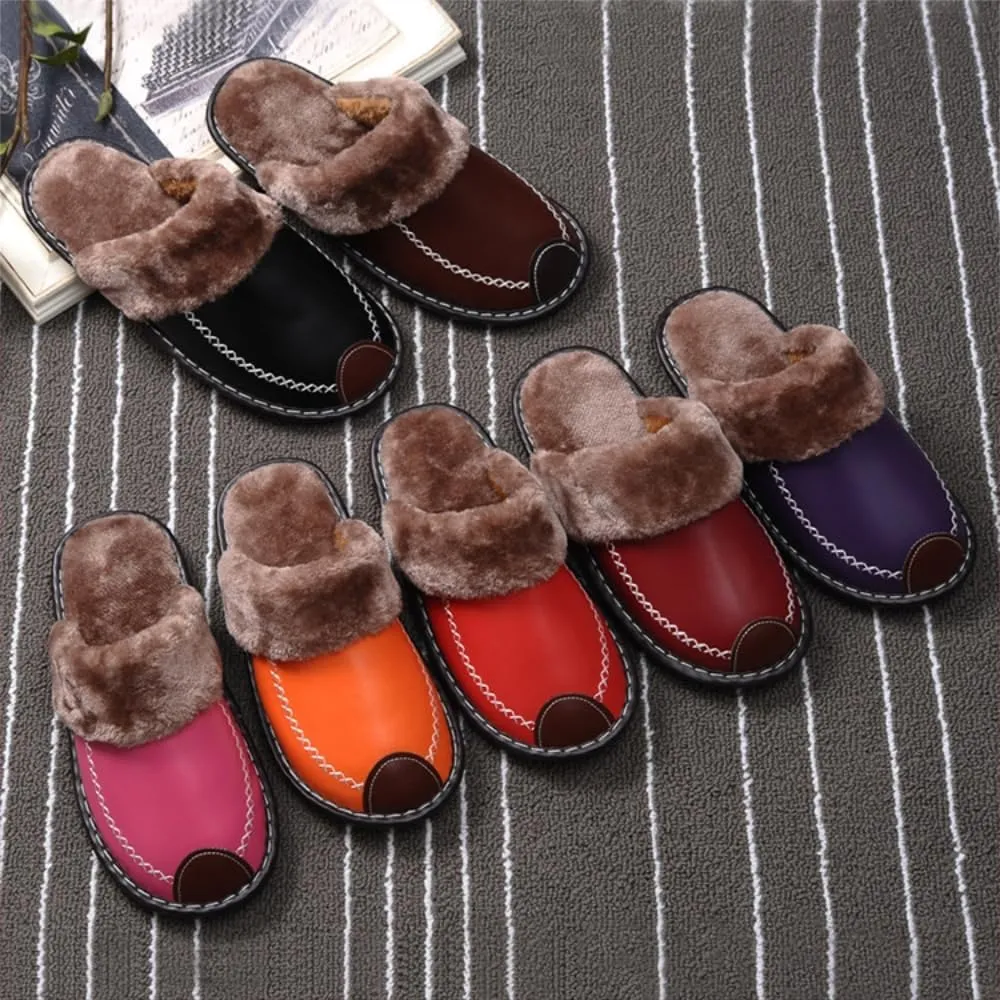 Premium Comfort Thermal Leather Patchwork Non Slip Men's Fuzzy House Slippers Inddor Soft Warm Shoes Furry Sole
