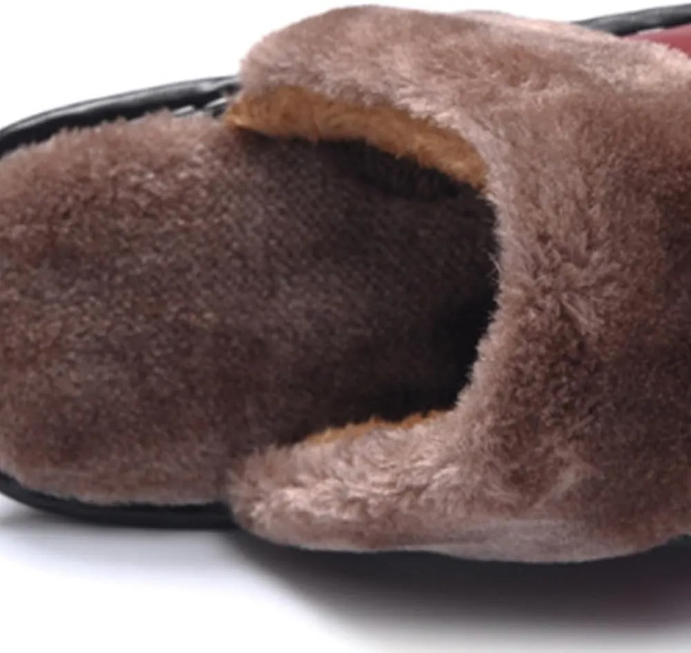Premium Comfort Thermal Leather Patchwork Non Slip Men's Fuzzy House Slippers Inddor Soft Warm Shoes Furry Sole