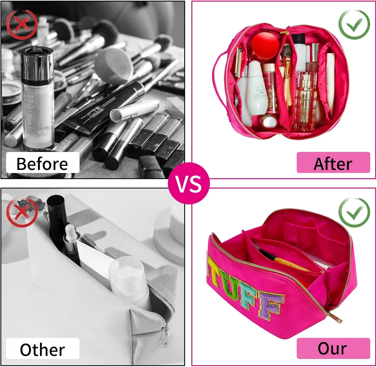 Preppy Stuff Makeup Bag, Stoney Clover Travel Toiletry Bag Pouch Chenille Letter Make Up Bags Girls Cute Cosmetic Bag Wedding Birthday Mothers Day Gifts for Women Stuff Bag (Rose Red)
